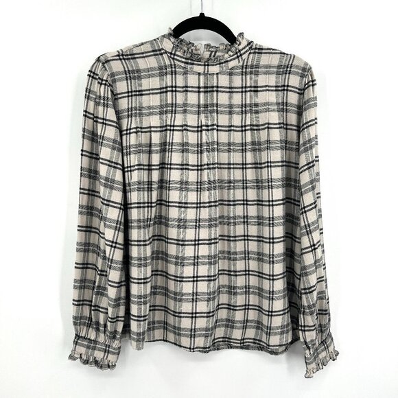 RAILS Black Ivory Plaid Ruffle Sleeve High Neck Pleated Flannel Blouse Small - Picture 2 of 8